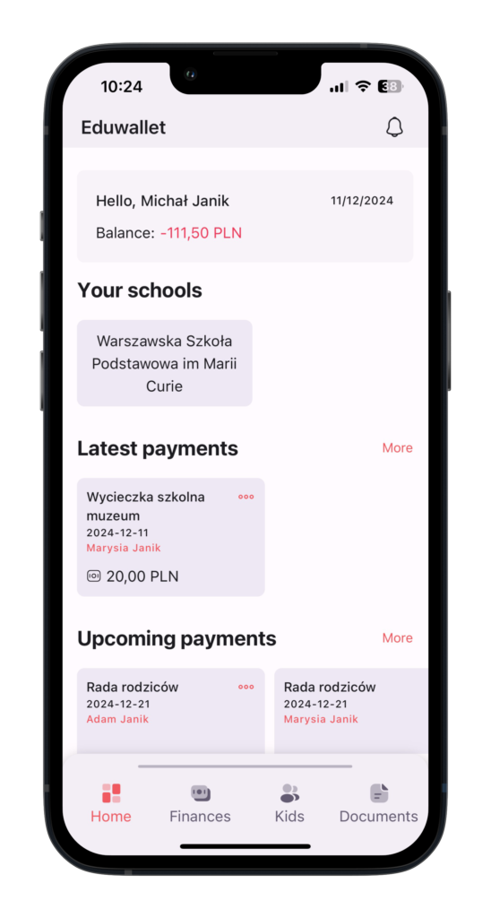 Dashboard of Eduwallet mobile app